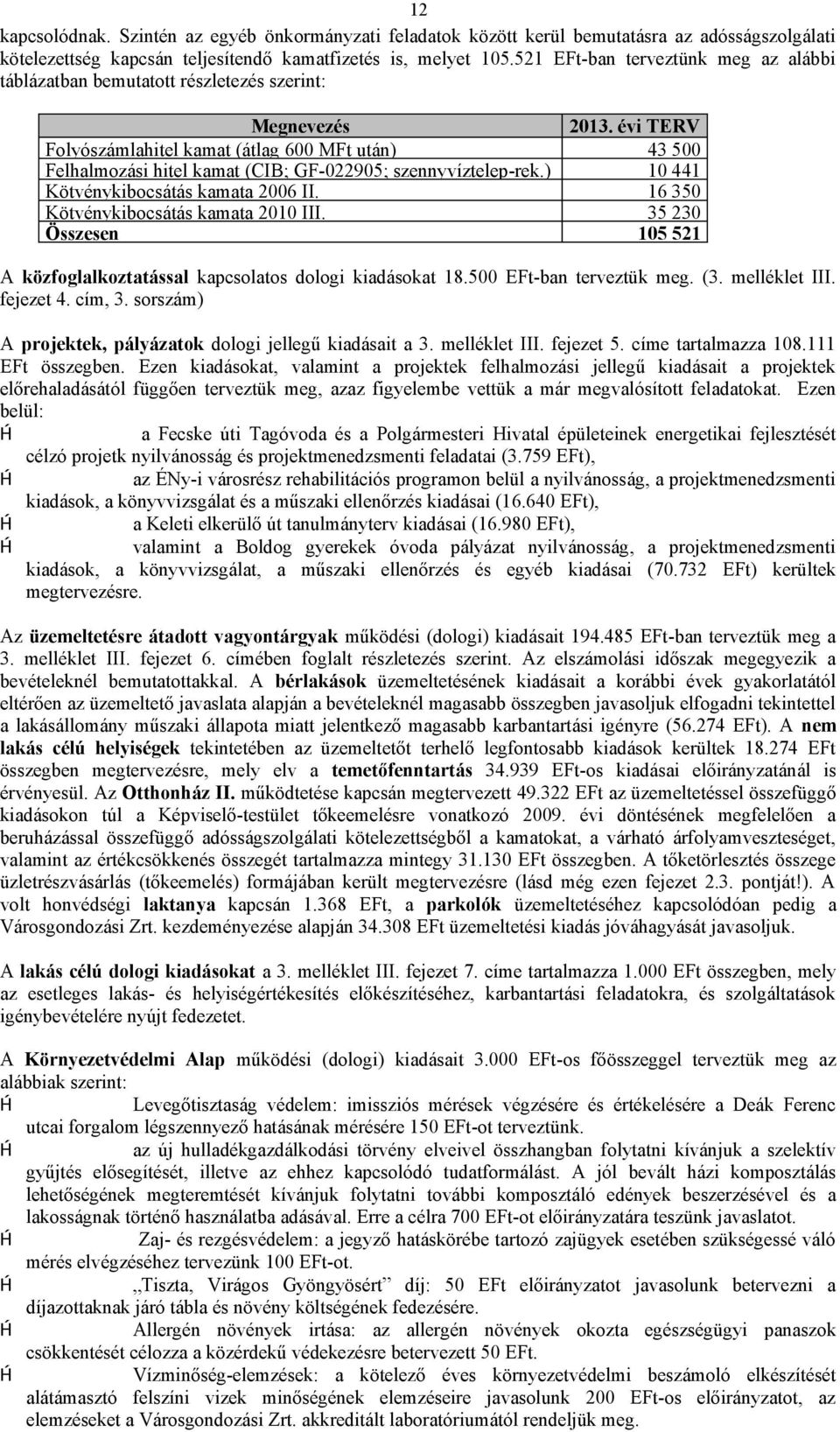 évi TERV Folyószámlahitel kamat (átlag 600 MFt után) 43 500 Felhalmozási hitel kamat (CIB; GF-022905; szennyvíztelep-rek.) 10 441 Kötvénykibocsátás kamata 2006 II.