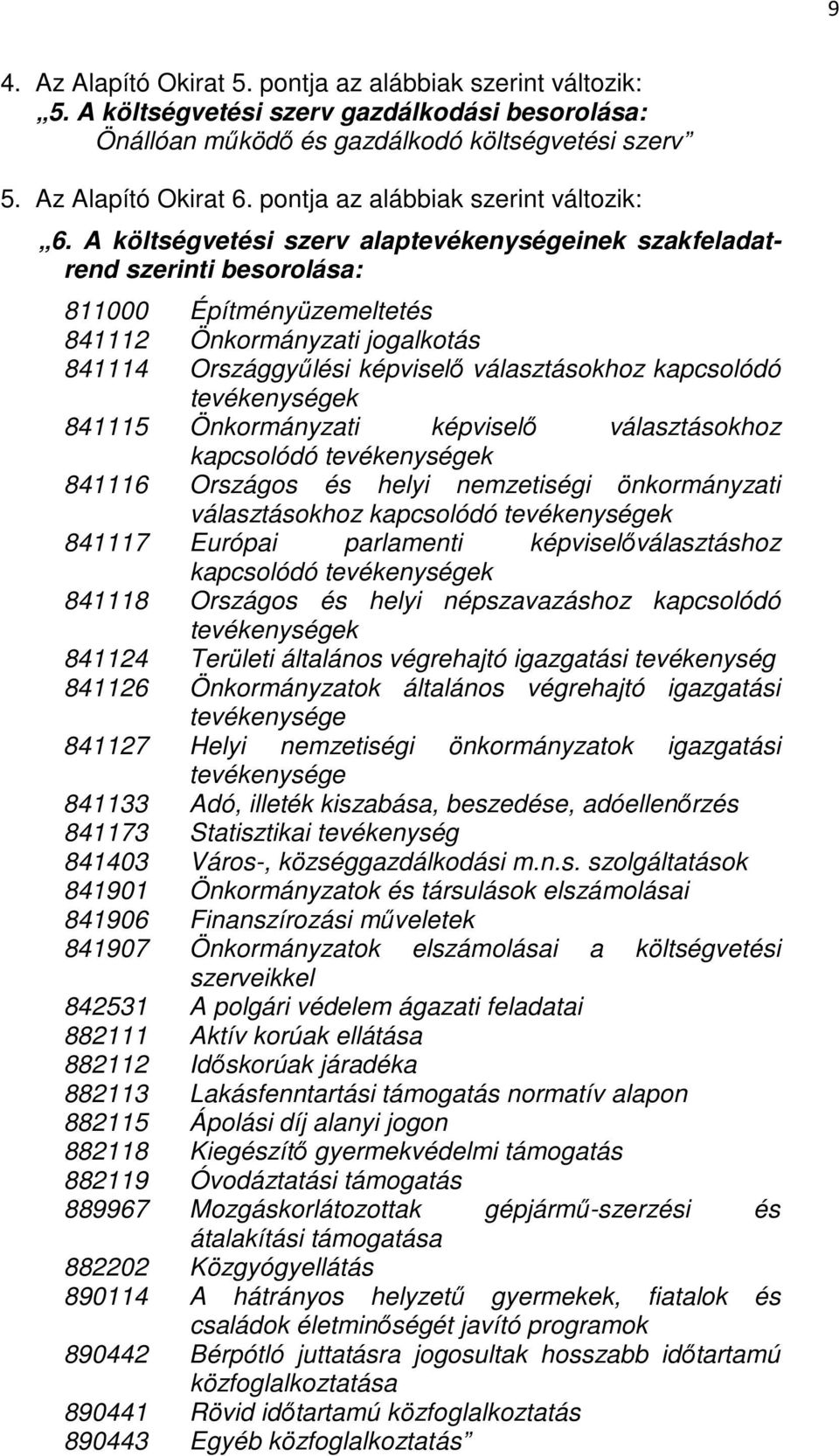 A költségvetési szerv alaptevékenységeinek szakfeladatrend szerinti besorolása: 811000 Építményüzemeltetés 841112 Önkormányzati jogalkotás 841114 Országgyűlési képviselő választásokhoz kapcsolódó