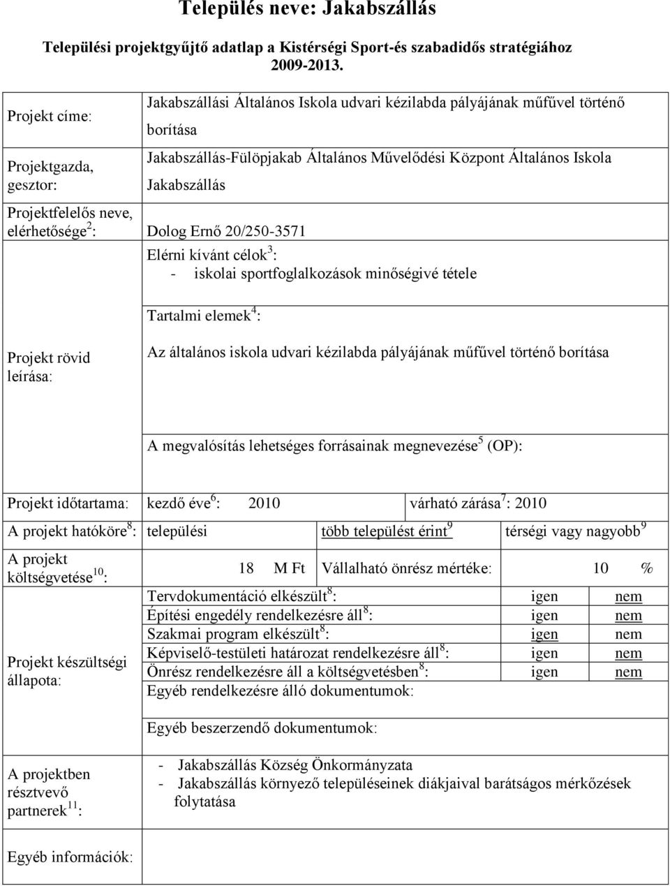 kézilabda pályájának műfűvel történő borítása Projekt időtartama: kezdő éve 6 : 2010 várható zárása 7 : 2010 Projekt készültségi 18 M Ft Vállalható önrész mértéke: 10 %