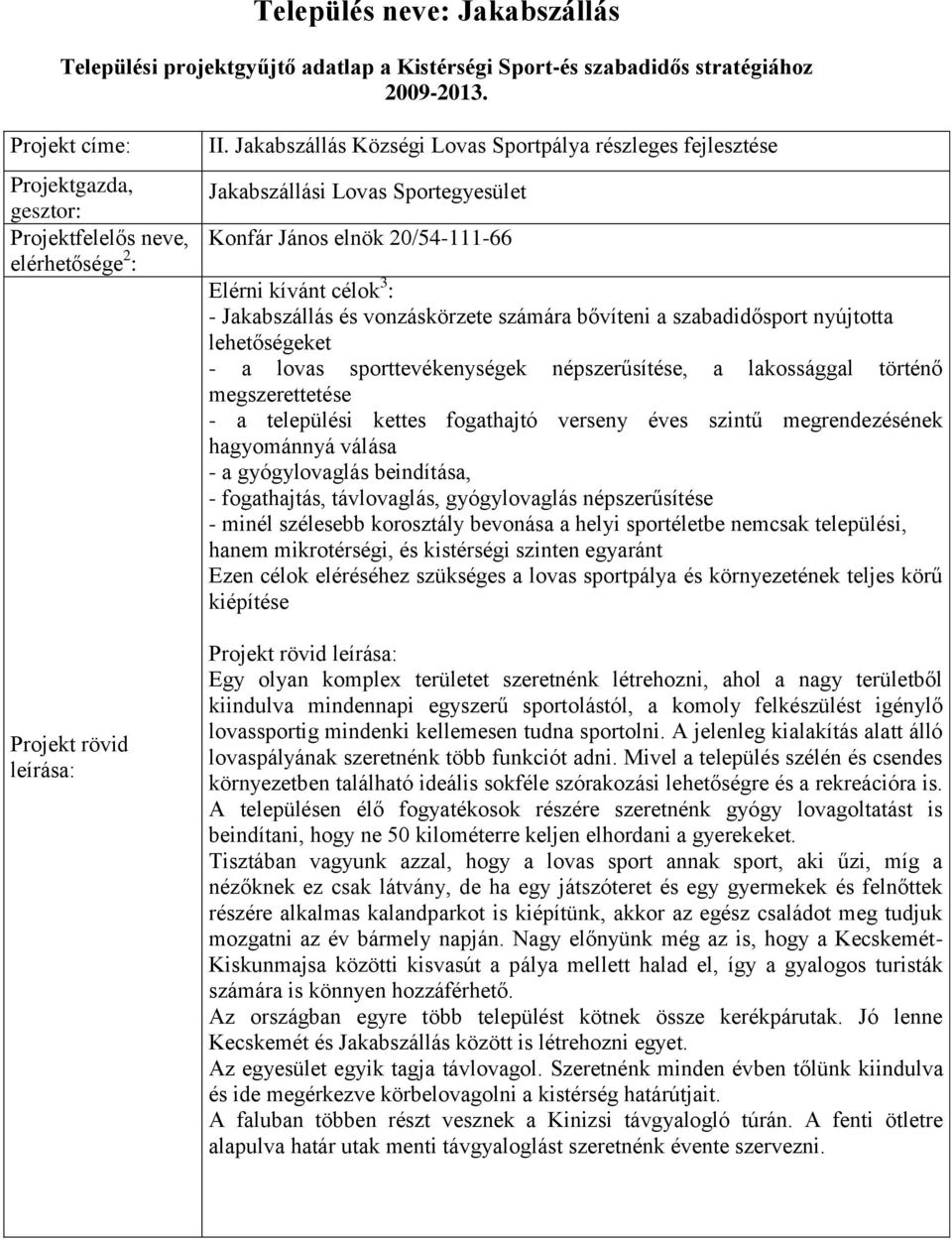 nyújtotta lehetőségeket - a lovas sporttevékenységek népszerűsítése, a lakossággal történő megszerettetése - a települési kettes fogathajtó verseny éves szintű megrendezésének hagyománnyá válása - a