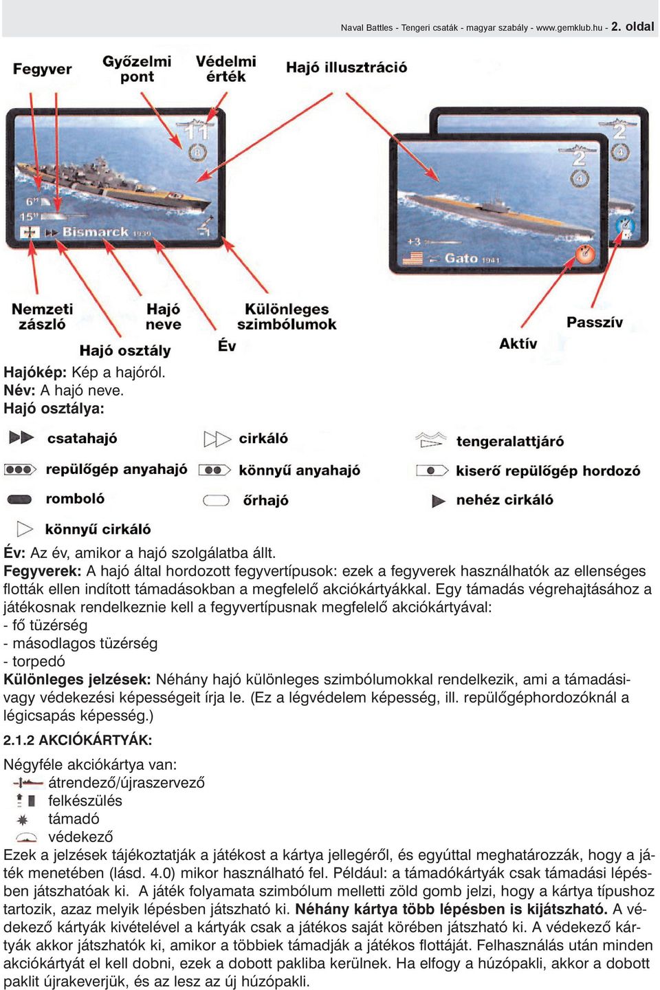 Egy támadás végrehajtásához a játékosnak rendelkeznie kell a fegyvertípusnak megfelelõ akciókártyával: - fõ tüzérség - másodlagos tüzérség - torpedó Különleges jelzések: Néhány hajó különleges