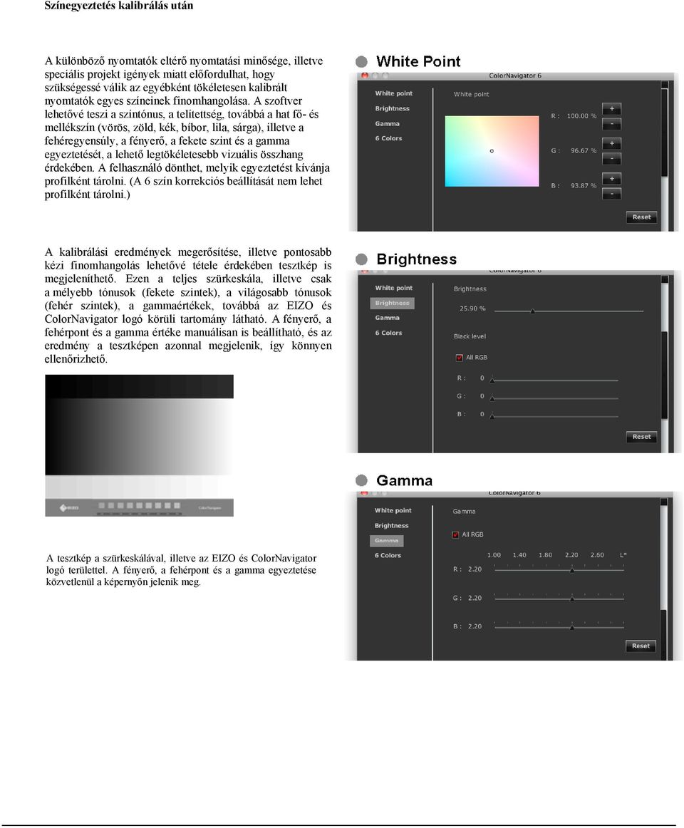 A szoftver lehetővé teszi a színtónus, a telítettség, továbbá a hat fő- és mellékszín (vörös, zöld, kék, bíbor, lila, sárga), illetve a fehéregyensúly, a fényerő, a fekete szint és a gamma