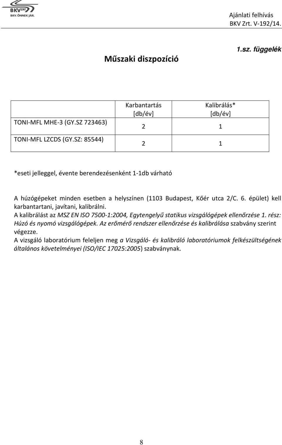 Budapest, Kőér utca 2/C. 6. épület) kell karbantartani, javítani, kalibrálni. A kalibrálást az MSZ EN ISO 7500-1:2004, Egytengelyű statikus vizsgálógépek ellenőrzése 1.