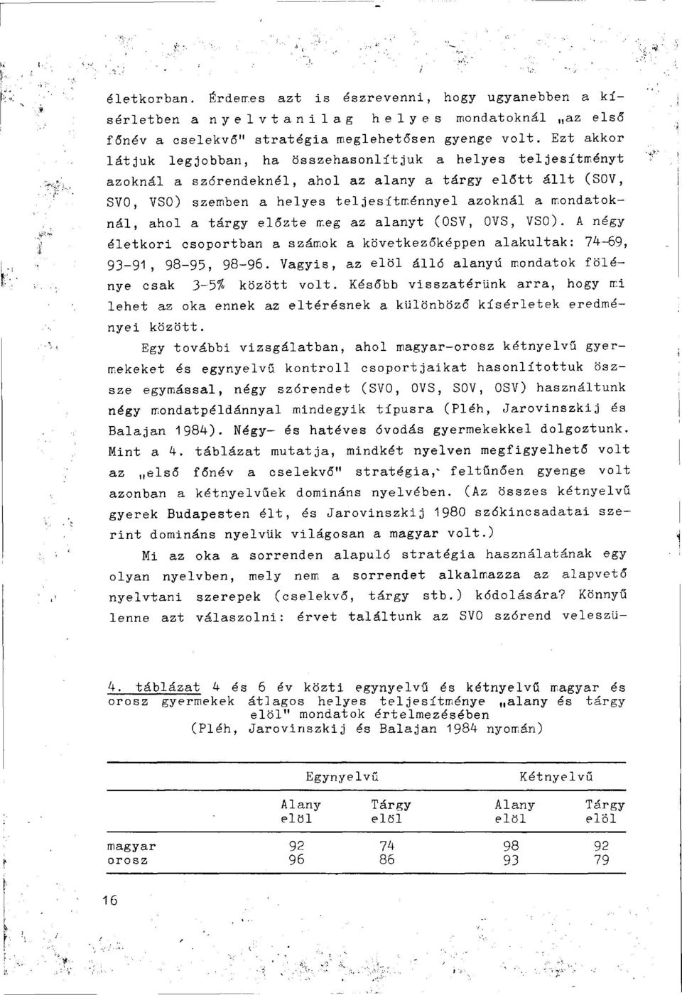 ahol a tárgy előzte meg az alanyt (OSV, OVS, VSO). A négy életkori csoportban a számok a következőképpen alakultak: 74-69, 93-91^ 98-95, 98-96.