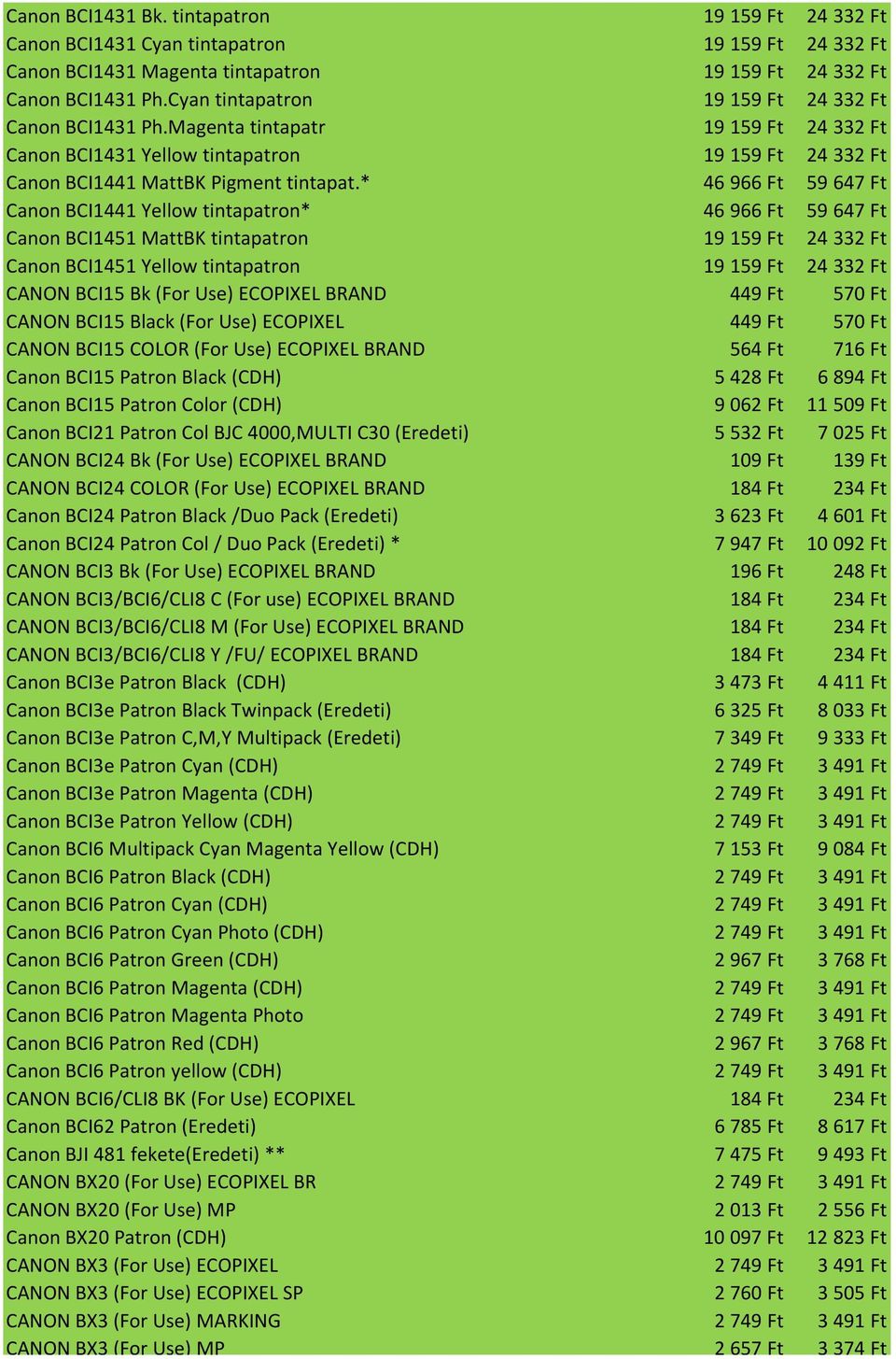 * 46 966 Ft 59 647 Ft Canon BCI1441 Yellow tintapatron* 46 966 Ft 59 647 Ft Canon BCI1451 MattBK tintapatron 19 159 Ft 24 332 Ft Canon BCI1451 Yellow tintapatron 19 159 Ft 24 332 Ft CANON BCI15 Bk