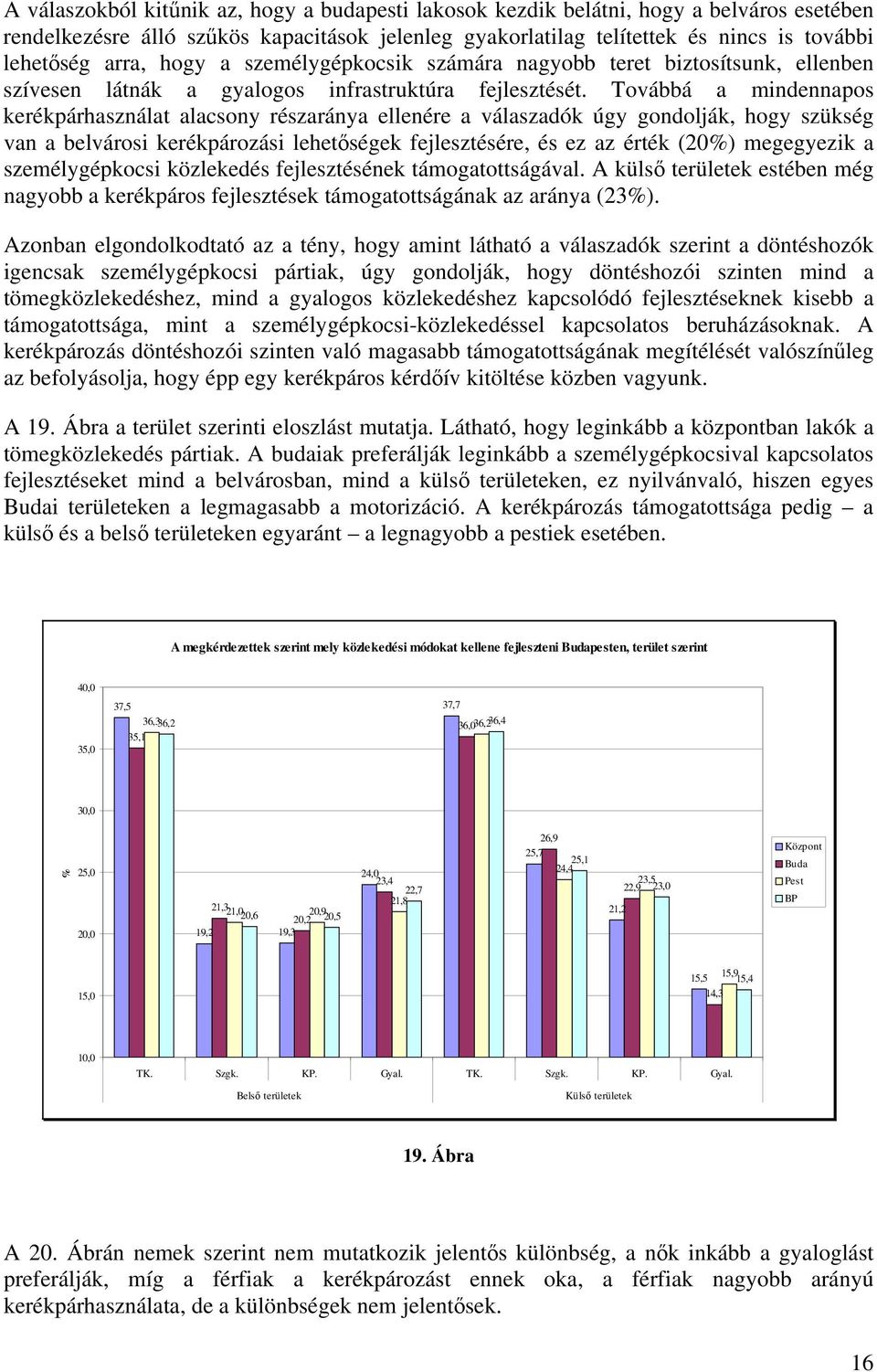 Továbbá a mindennapos kerékpárhasználat alacsony részaránya ellenére a válaszadók úgy gondolják, hogy szükség van a belvárosi kerékpározási lehetőségek fejlesztésére, és ez az érték (20) megegyezik a