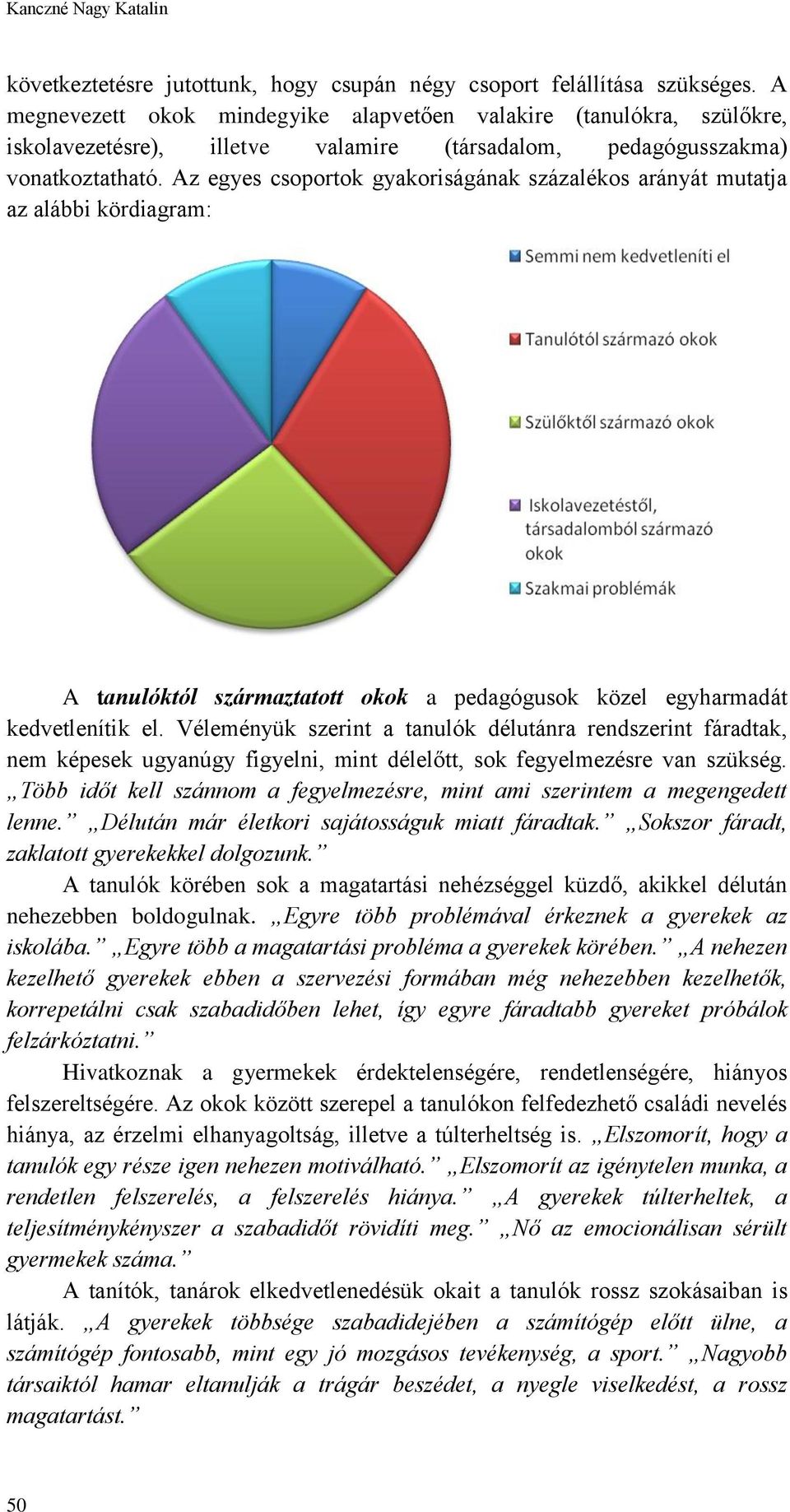 Az egyes csoportok gyakoriságának százalékos arányát mutatja az alábbi kördiagram: A tanulóktól származtatott okok a pedagógusok közel egyharmadát kedvetlenítik el.