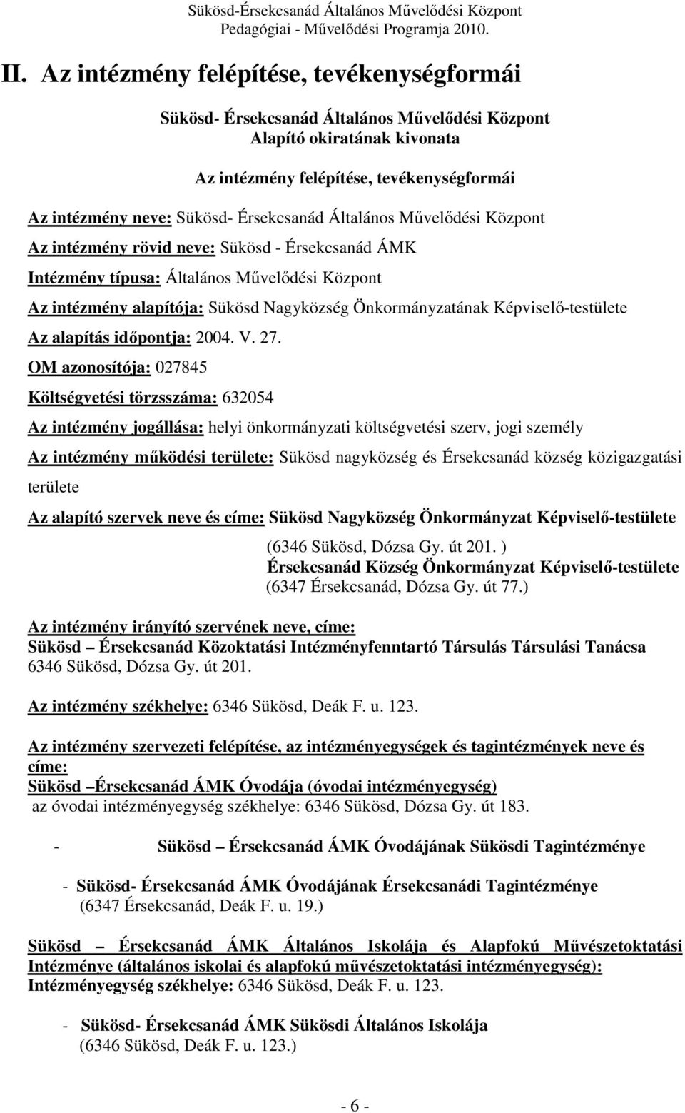 Képviselő-testülete Az alapítás időpontja: 2004. V. 27.