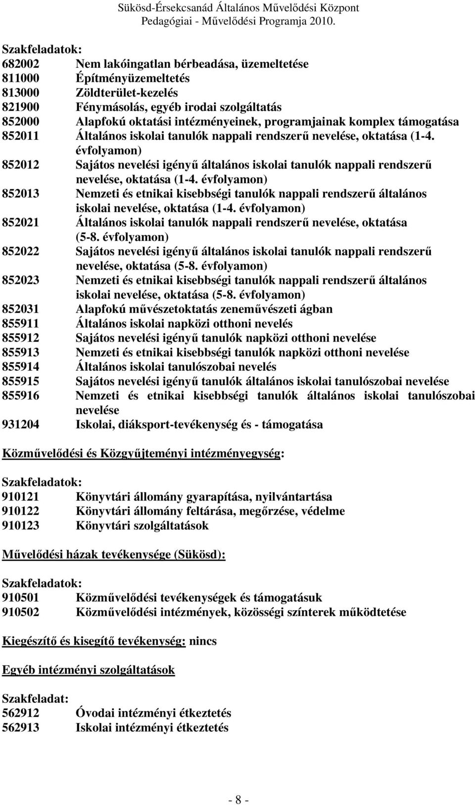 évfolyamon) 852012 Sajátos nevelési igényű általános iskolai tanulók nappali rendszerű nevelése, oktatása (1-4.