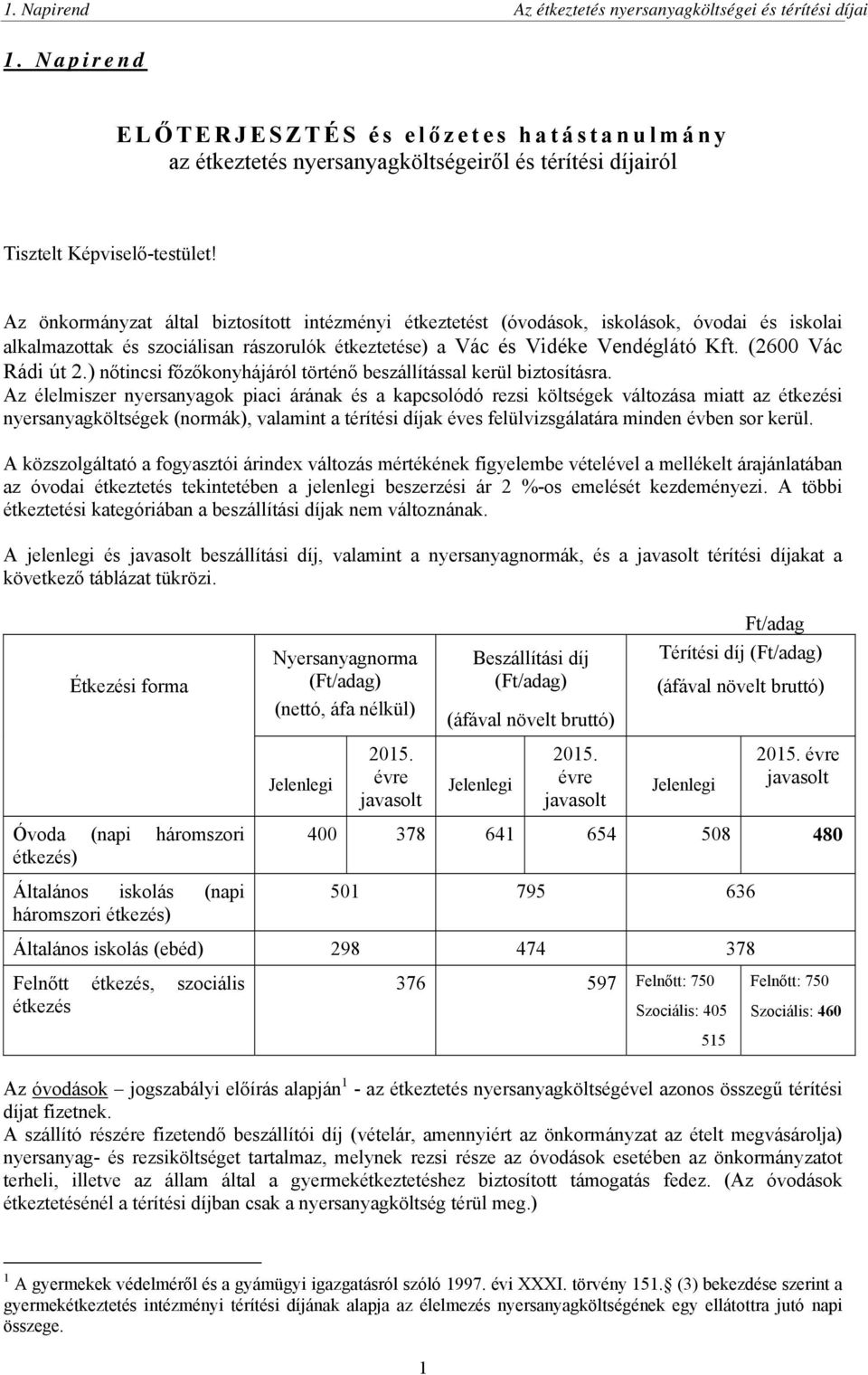 Az önkormányzat által biztosított intézményi étkeztetést (óvodások, iskolások, óvodai és iskolai alkalmazottak és szociálisan rászorulók étkeztetése) a Vác és Vidéke Vendéglátó Kft.