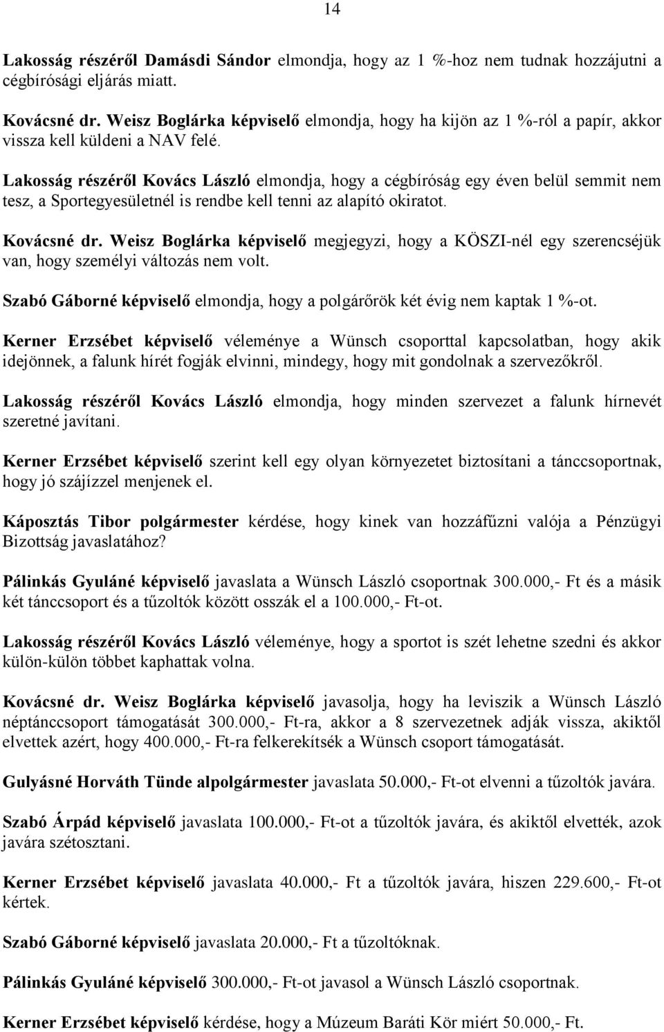 Lakosság részéről Kovács László elmondja, hogy a cégbíróság egy éven belül semmit nem tesz, a Sportegyesületnél is rendbe kell tenni az alapító okiratot. Kovácsné dr.