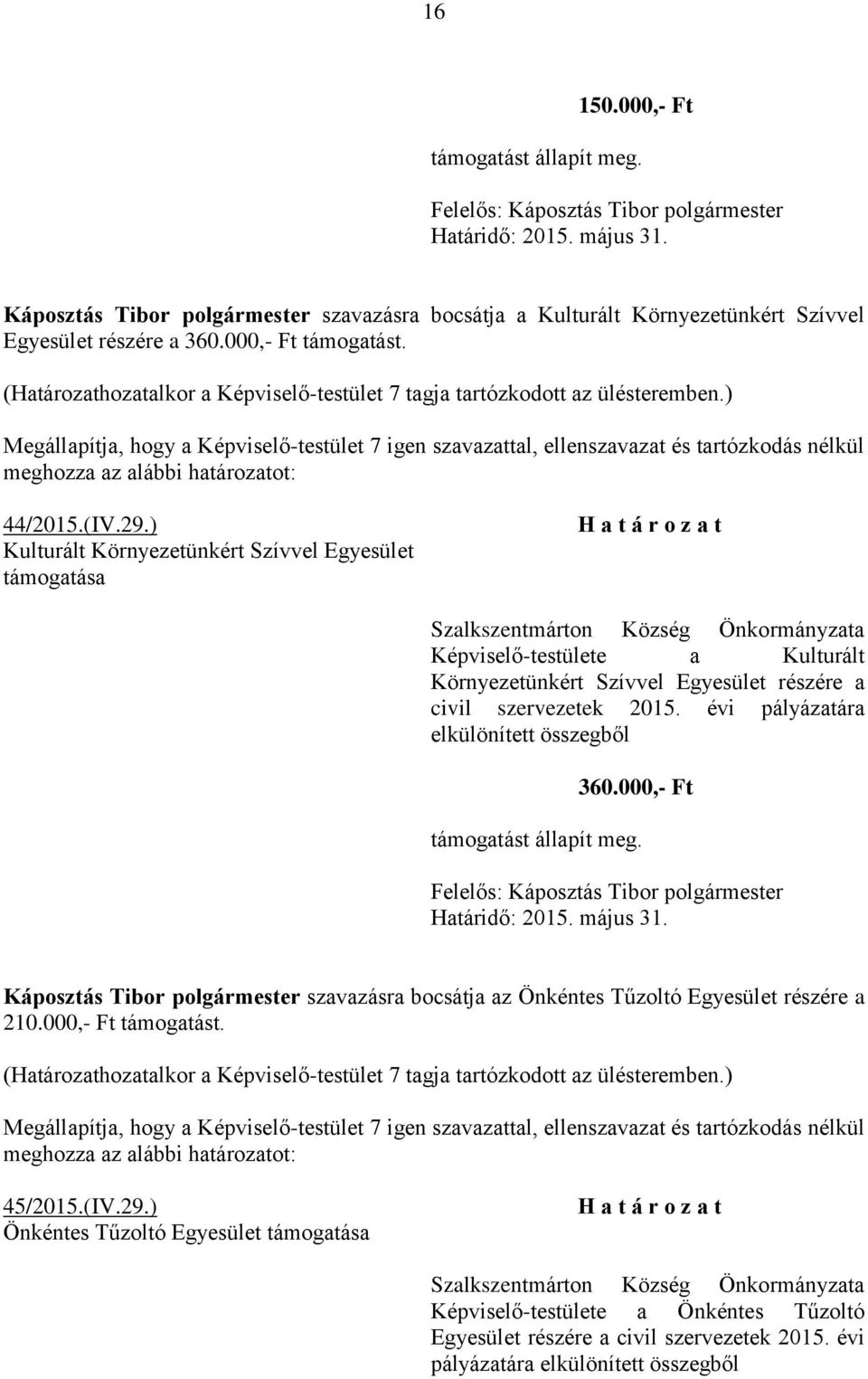 évi pályázatára elkülönített összegből 360.000,- Ft támogatást állapít meg. Káposztás Tibor polgármester szavazásra bocsátja az Önkéntes Tűzoltó Egyesület részére a 210.