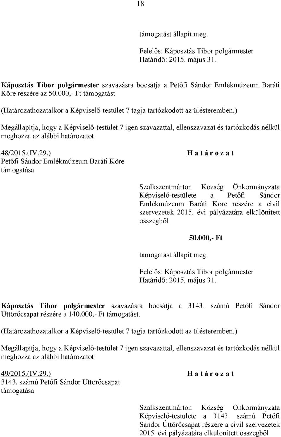 évi pályázatára elkülönített összegből 50.000,- Ft támogatást állapít meg. Káposztás Tibor polgármester szavazásra bocsátja a 3143.