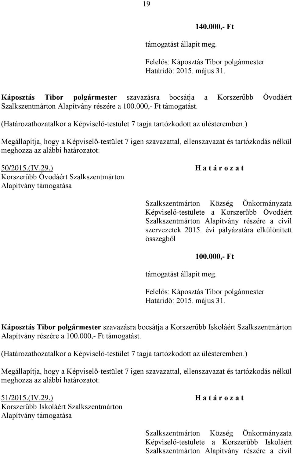 évi pályázatára elkülönített összegből 100.000,- Ft támogatást állapít meg.