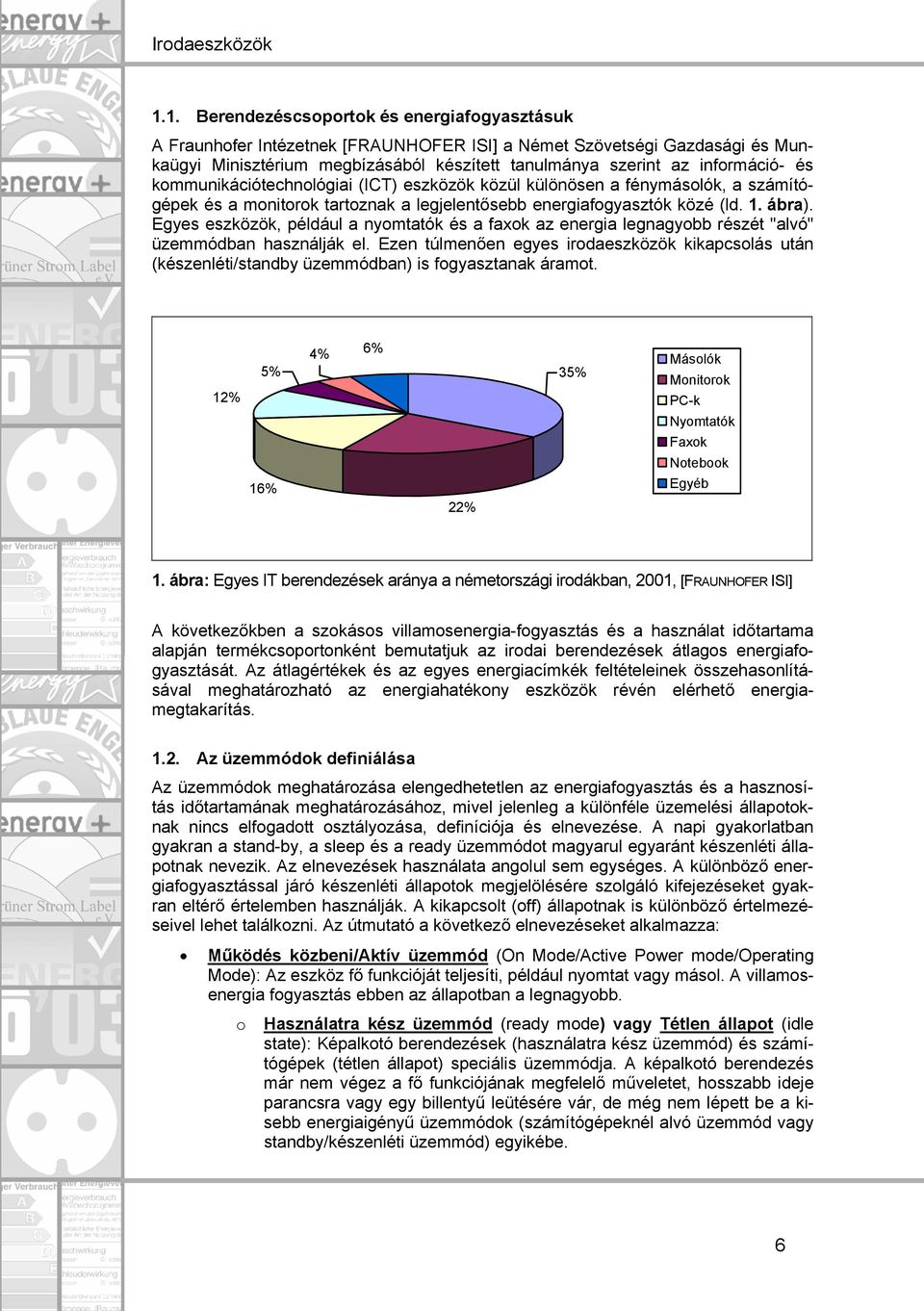 Egyes eszközök, például a nyomtatók és a faxok az energia legnagyobb részét "alvó" üzemmódban használják el.