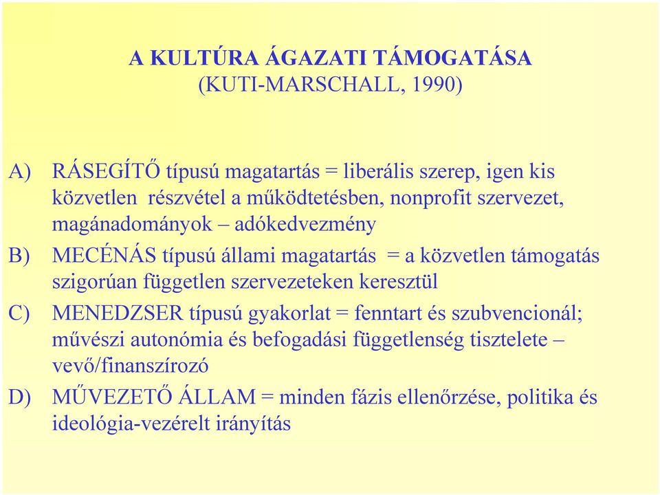 szigorúan független szervezeteken keresztül C) MENEDZSER típusú gyakorlat = fenntart és szubvencionál; művészi autonómia és