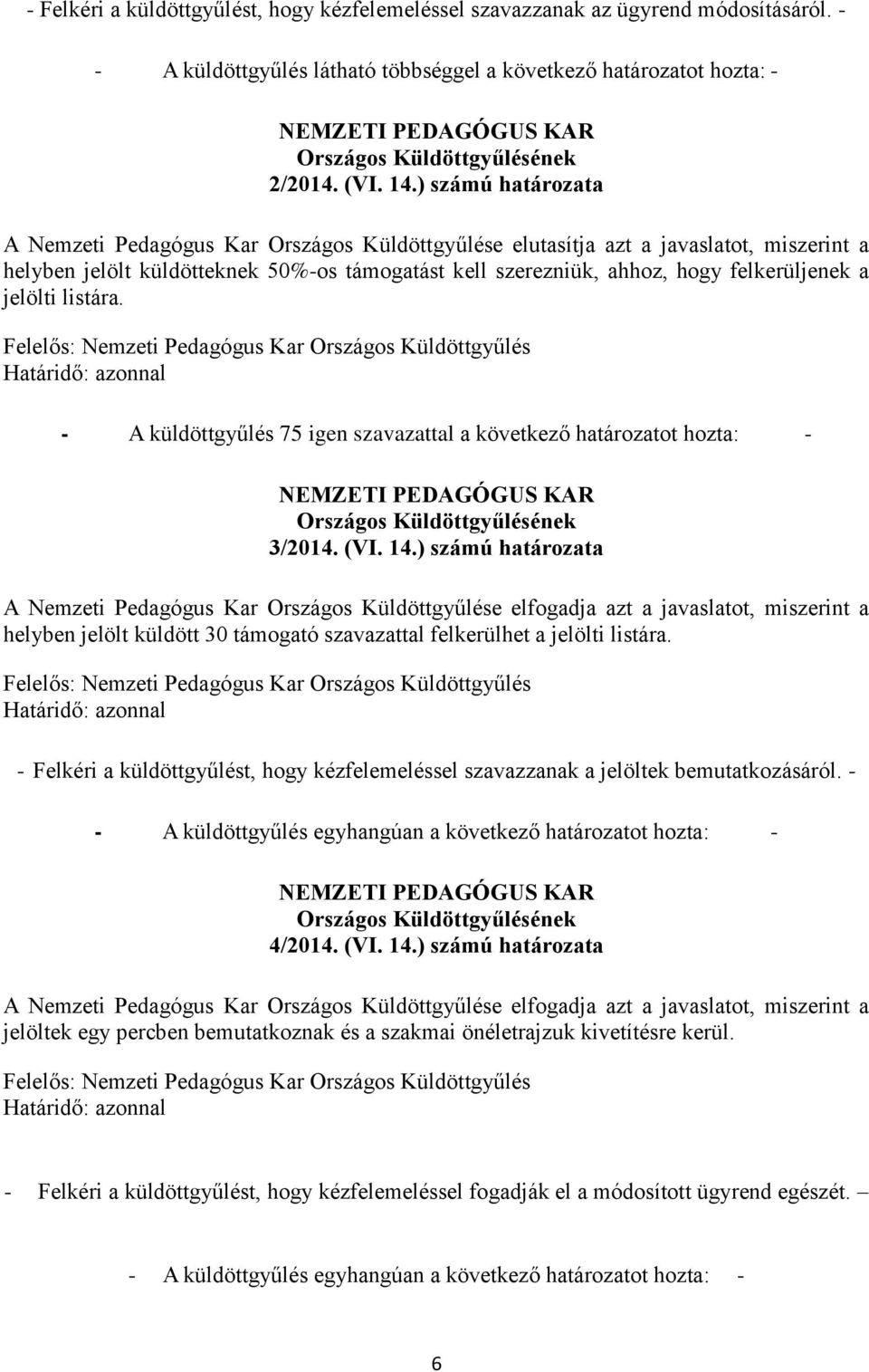 ) számú határozata A Nemzeti Pedagógus Kar Országos Küldöttgyűlése elutasítja azt a javaslatot, miszerint a helyben jelölt küldötteknek 50%-os támogatást kell szerezniük, ahhoz, hogy felkerüljenek a