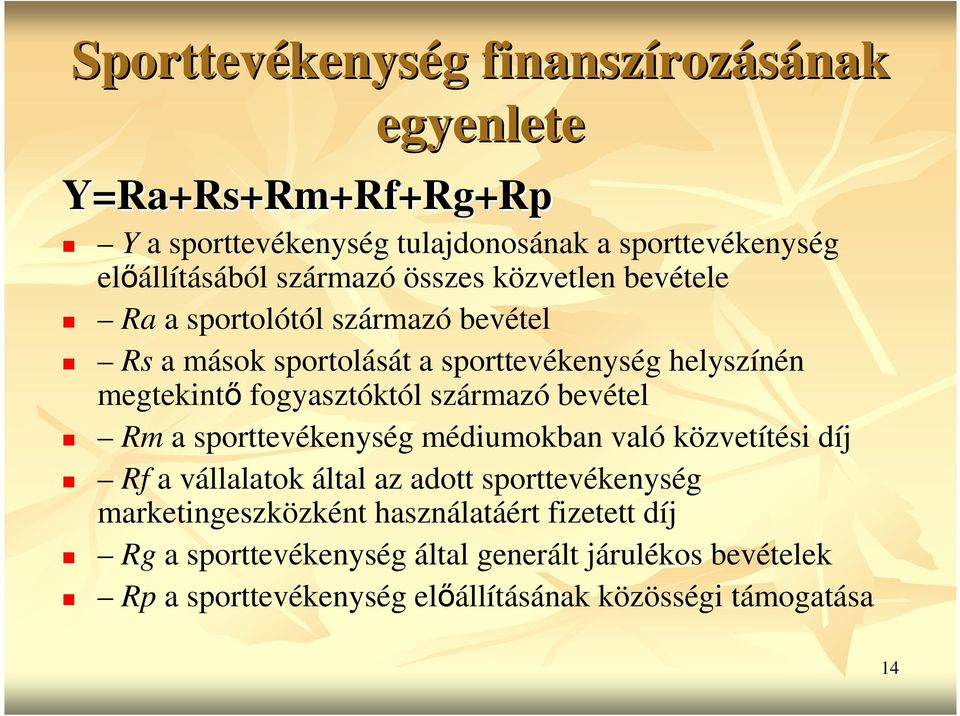 megtekintı fogyasztóktól származó bevétel Rm a sporttevékenység médiumokban való közvetítési díj Rf a vállalatok által az adott sporttevékenység