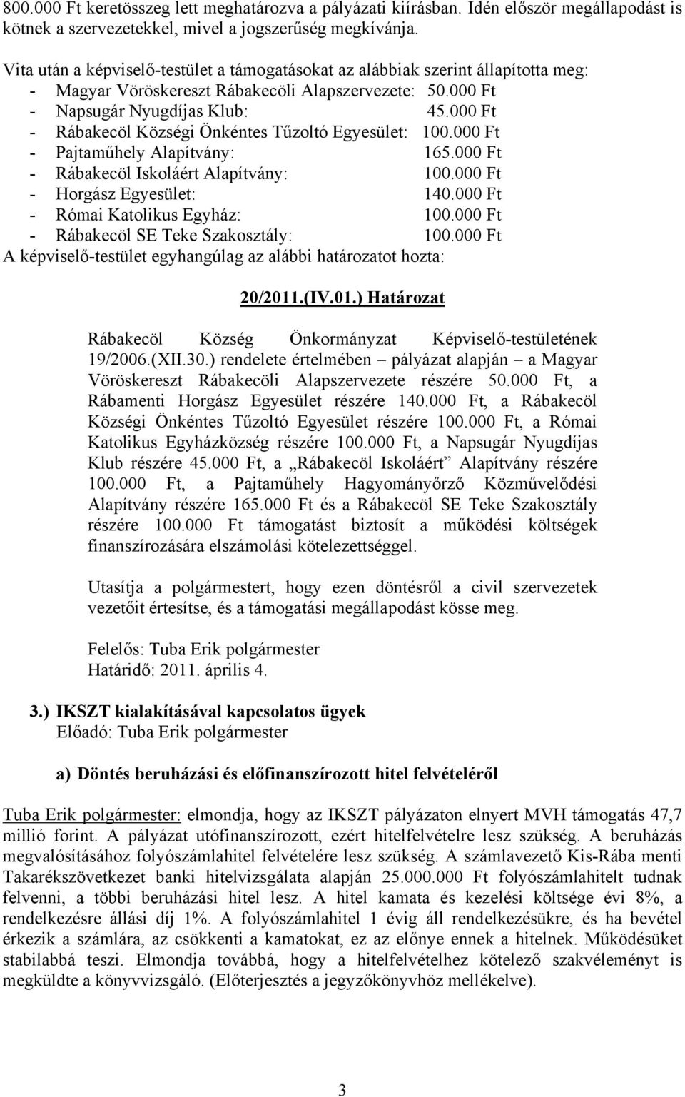 000 Ft - Rábakecöl Községi Önkéntes Tűzoltó Egyesület: 100.000 Ft - Pajtaműhely Alapítvány: 165.000 Ft - Rábakecöl Iskoláért Alapítvány: 100.000 Ft - Horgász Egyesület: 140.