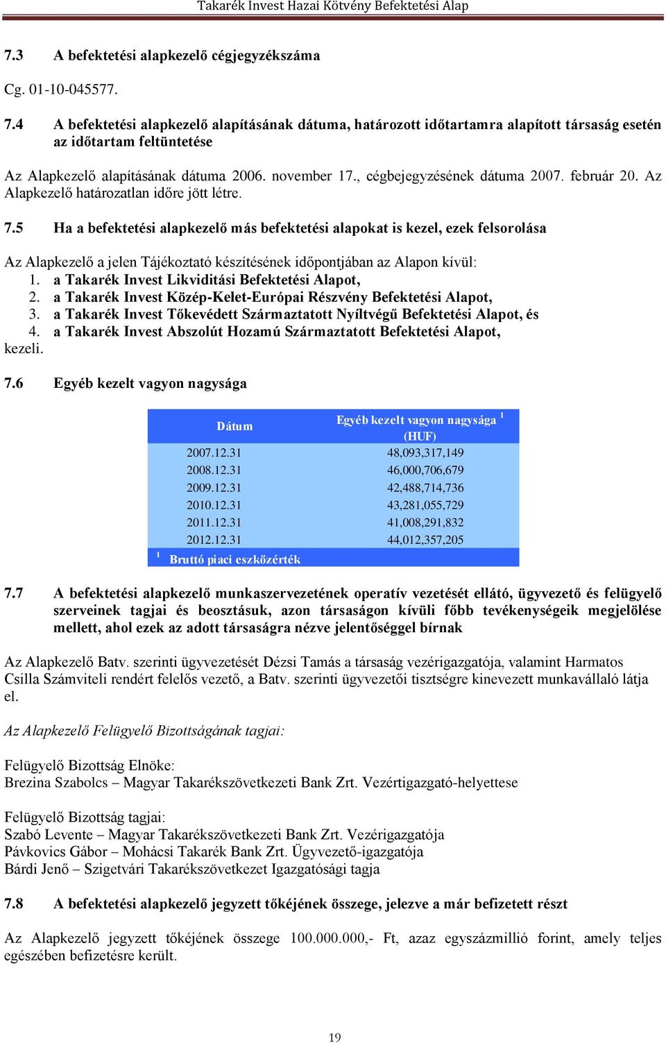 , cégbejegyzésének dátuma 2007. február 20. Az Alapkezelő határozatlan időre jött létre. 7.