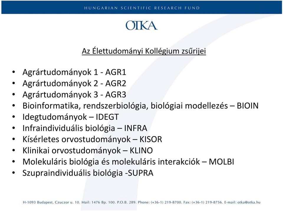 Idegtudományok IDEGT Infraindividuális biológia INFRA Kísérletes orvostudományok KISOR