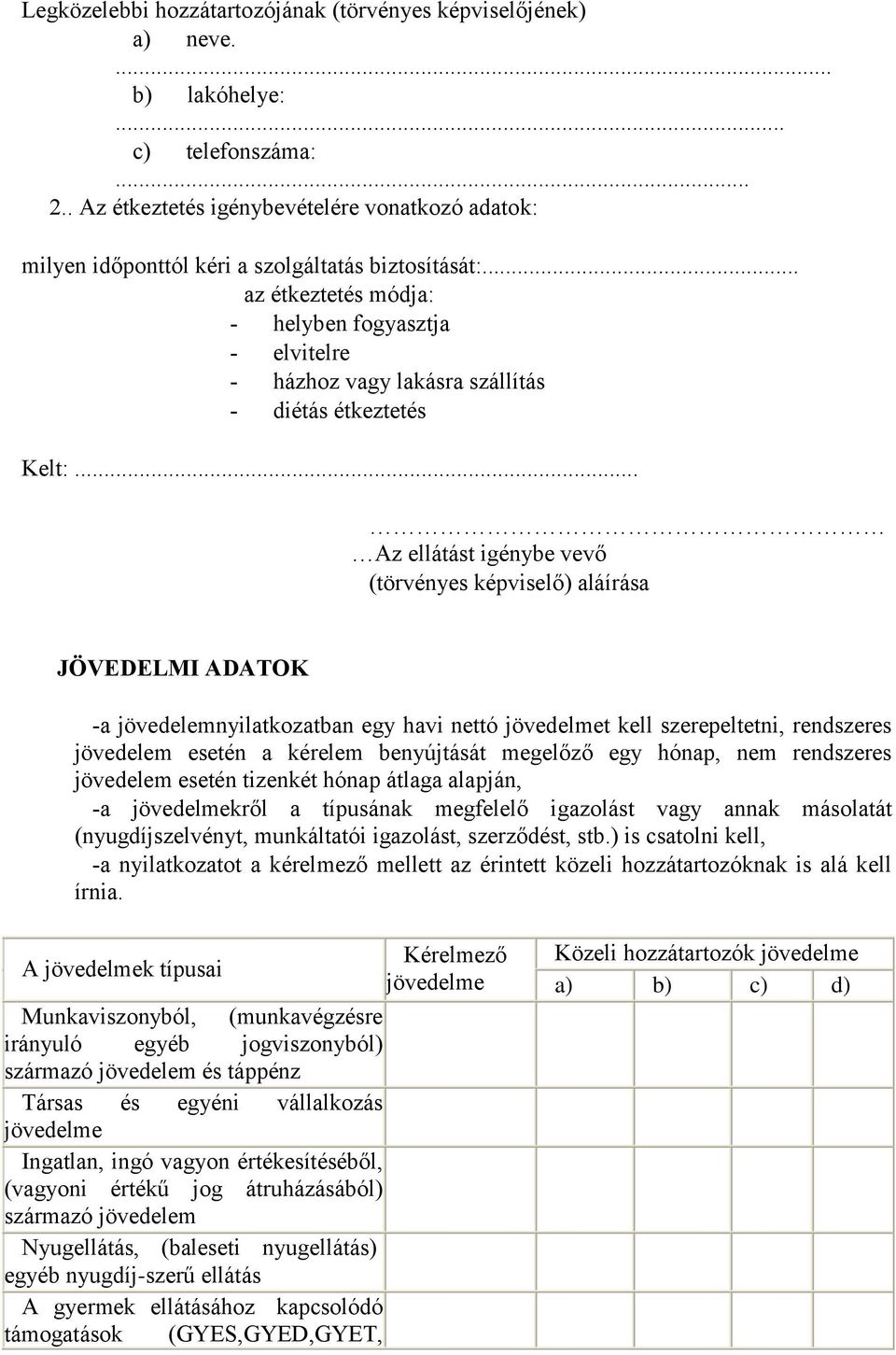 .. az étkeztetés módja: - helyben fogyasztja - elvitelre - házhoz vagy lakásra szállítás - diétás étkeztetés Kelt:.