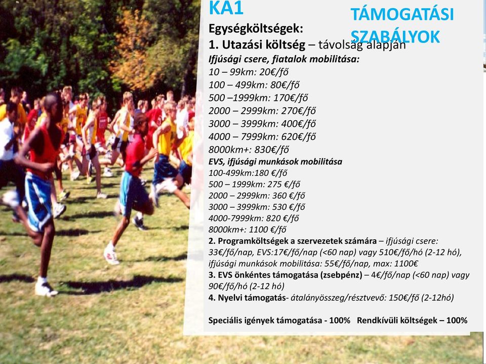 /fő 8000km+: 830 /fő EVS, ifjúsági munkások mobilitása 100-499km:180 /fő 500 1999km: 275 /fő 2000 2999km: 360 /fő 3000 3999km: 530 /fő 4000-7999km: 820 /fő 8000km+: 1100 /fő 2.