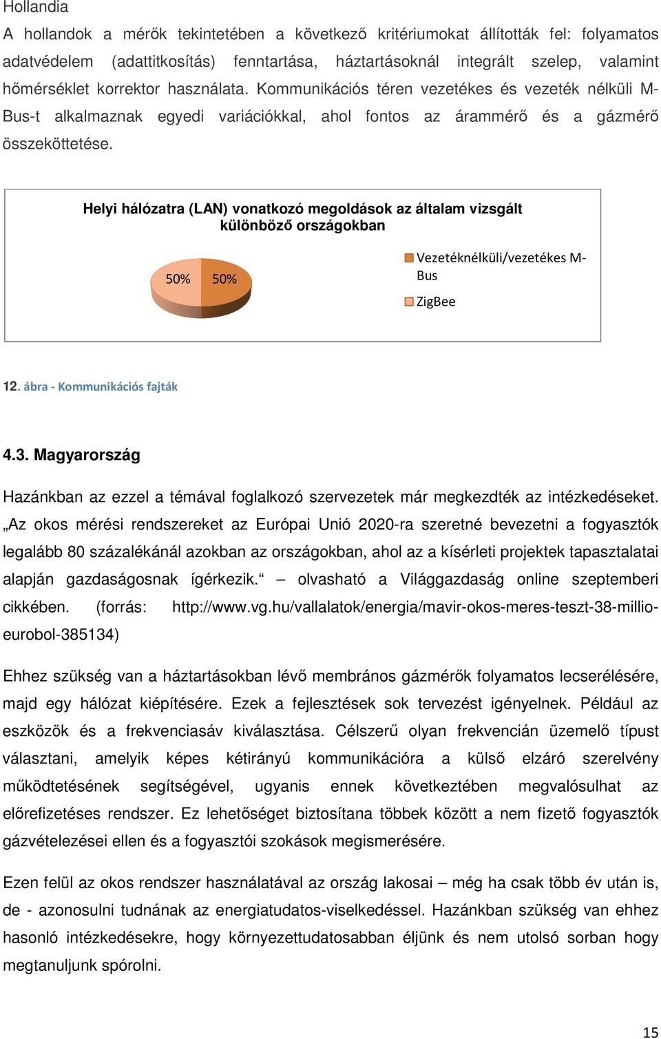 Helyi hálózatra (LAN) vonatkozó megoldások az általam vizsgált különböző országokban 50% 50% Vezetéknélküli/vezetékes M- Bus ZigBee 12. ábra - Kommunikációs fajták 4.3.