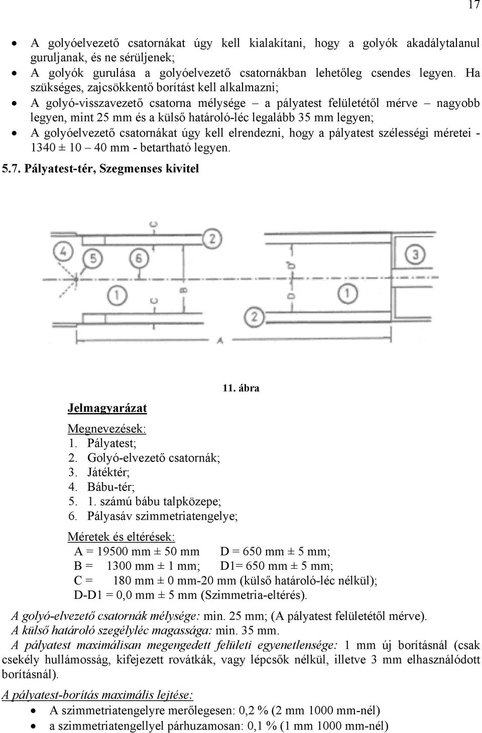 golyóelvezető csatornákat úgy kell elrendezni, hogy a pályatest szélességi méretei - 1340 ± 10 40 mm - betartható legyen. 5.7. Pályatest-tér, Szegmenses kivitel Jelmagyarázat Megnevezések: 1.