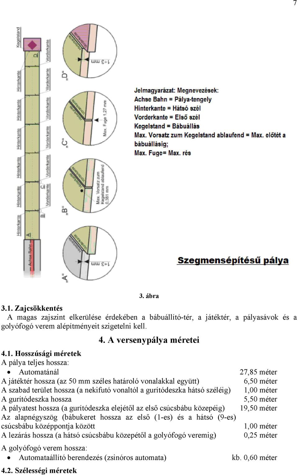 Hosszúsági méretek A pálya teljes hossza: Automatánál 27,85 méter A játéktér hossza (az 50 mm széles határoló vonalakkal együtt) 6,50 méter A szabad terület hossza (a nekifutó vonaltól a gurítódeszka