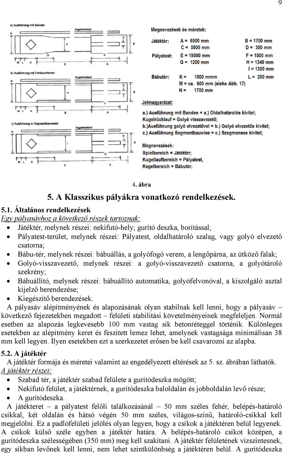 szalag, vagy golyó elvezető csatorna; Bábu-tér, melynek részei: bábuállás, a golyófogó verem, a lengőpárna, az ütköző falak; Golyó-visszavezető, melynek részei: a golyó-visszavezető csatorna, a