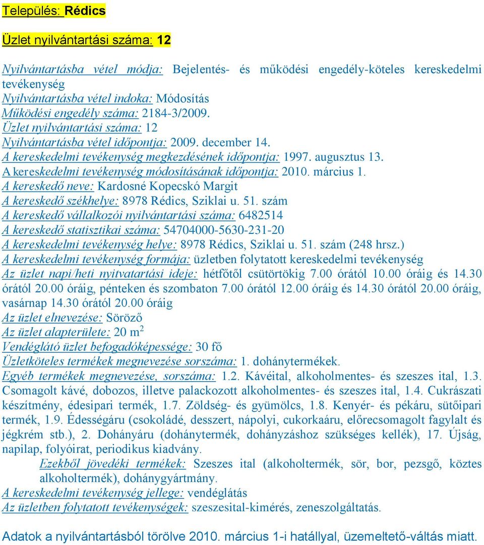A kereskedelmi tevékenység módosításának időpontja: 2010. március 1. A kereskedő neve: Kardosné Kopecskó Margit A kereskedő székhelye: 8978 Rédics, Sziklai u. 51.