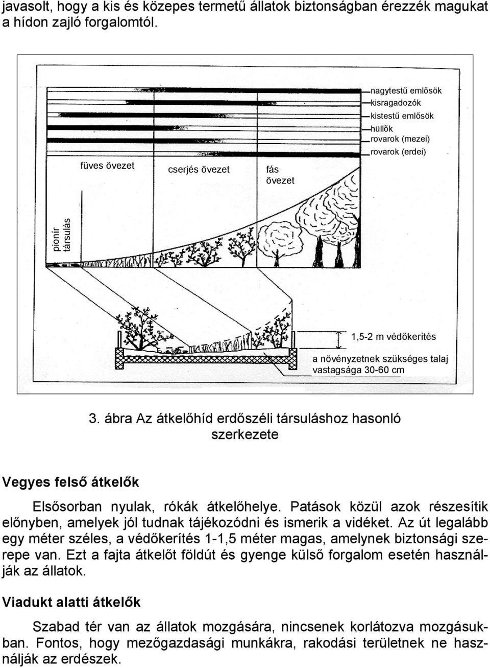 vastagsága 30-60 cm 3. ábra Az átkelőhíd erdőszéli társuláshoz hasonló szerkezete Vegyes felső átkelők Elsősorban nyulak, rókák átkelőhelye.