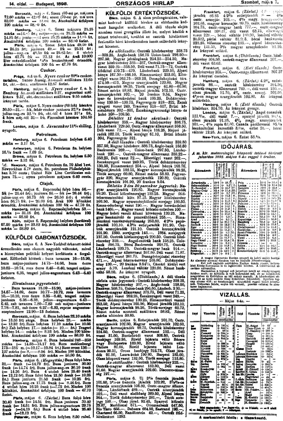 85 frt Átszámitási árfolyam 100 márka = 58.8O forint. Páris, május 6. Szesz folyó hóra 49.50 frt. = 26.l8 frt; júniusra 49. frk -= 25.91 frt; julius aug.-ra 48.50 frk =25.65 frt; 4 utolsó hóra 43.