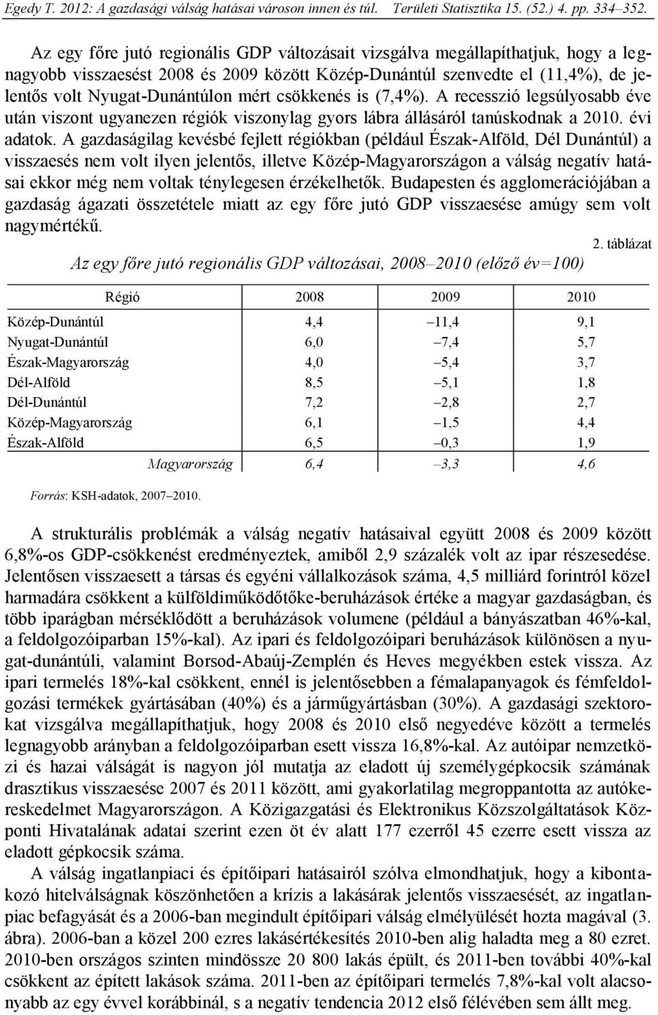 A gazdaságilag kevésbé fejlett régiókban (például Észak-Alföld, Dél Dunántúl) a visszaesés nem volt ilyen jelentős, illetve Közép-Magyarországon a válság negatív hatásai ekkor még nem voltak