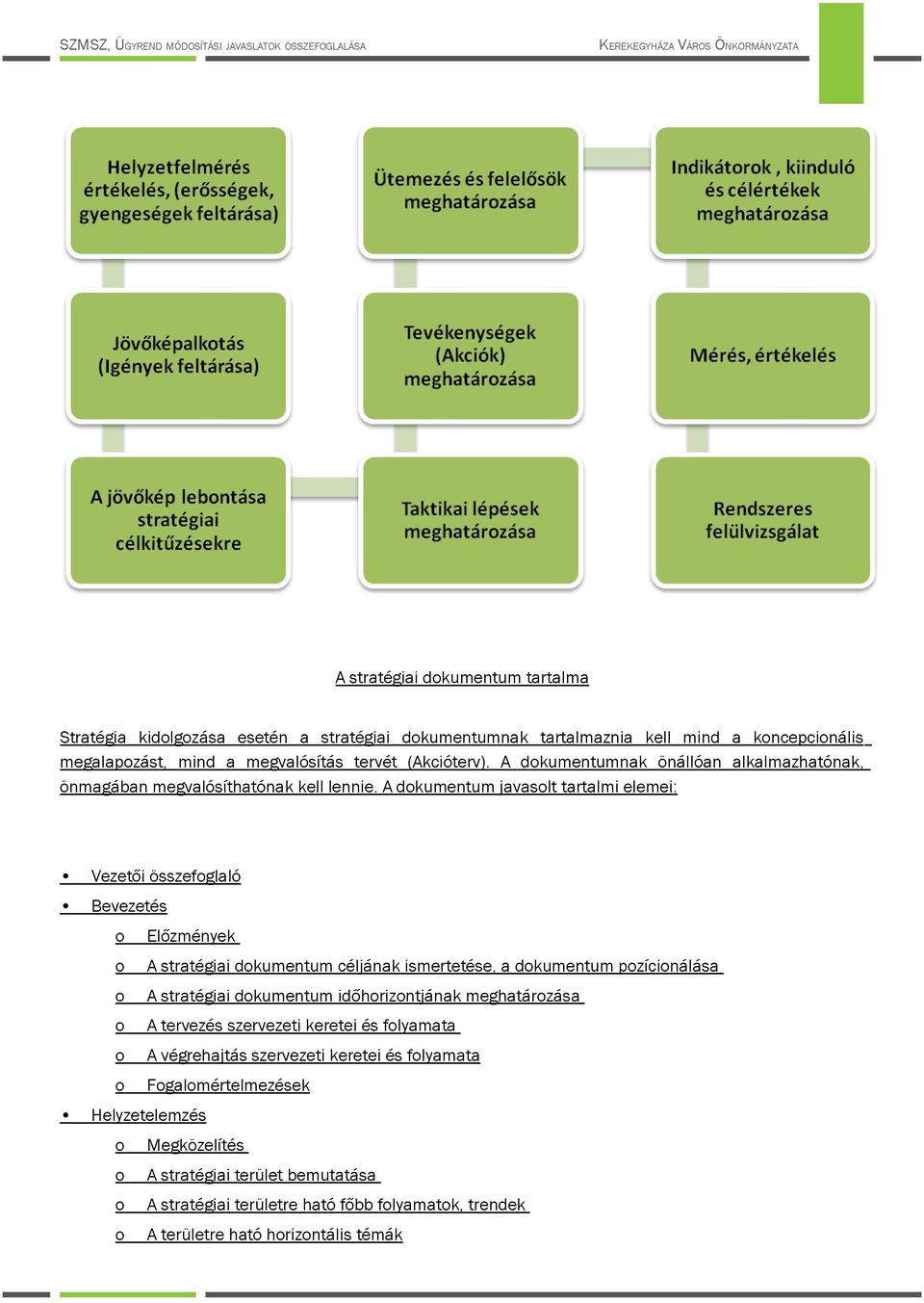 A dkumentum javaslt tartalmi elemei: Vezetői összefglaló Bevezetés Előzmények A stratégiai dkumentum céljának ismertetése, a dkumentum pzícinálása A stratégiai dkumentum