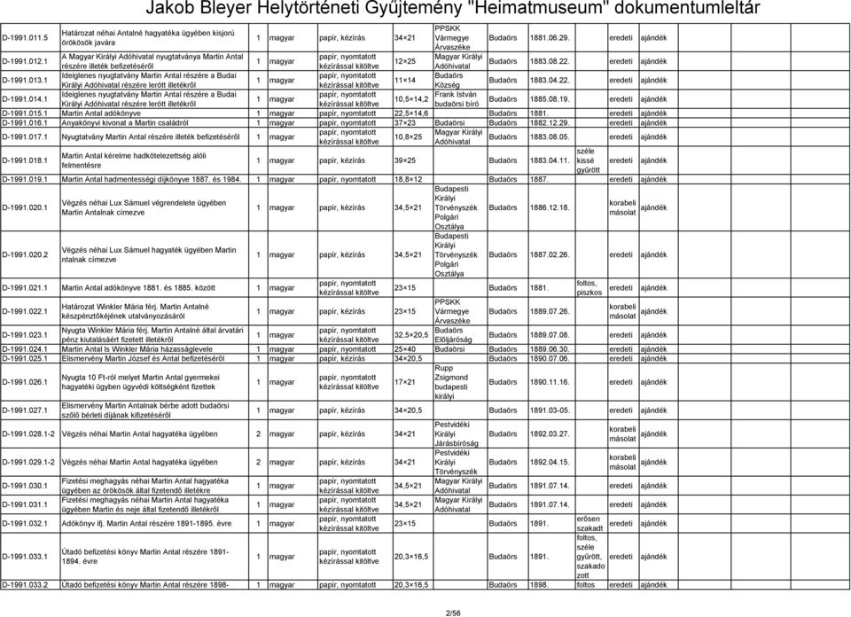 Frank István budaörsi bíró 1881.06.29. D-1991.012.1 A Magyar Királyi Adóhivatal nyugtatványa Martin Antal rzére illeték befizetéről 12 25 1883.08.22. D-1991.013.