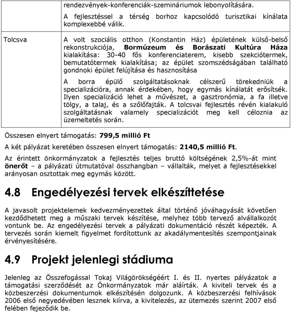 bemutatótermek kialakítása; az épület szomszédságában található gondnoki épület felújítása és hasznosítása A borra épülő szolgáltatásoknak célszerű törekedniük a specializációra, annak érdekében,