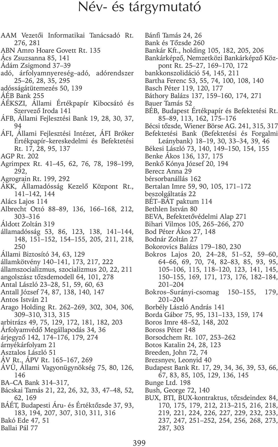 141 ÁFB, Állami Fejlesztési Bank 19, 28, 30, 37, 94 ÁFI, Állami Fejlesztési Intézet, ÁFI Bróker Értékpapír kereskedelmi és Befektetési Rt. 17, 28, 95, 137 AGP Rt. 202 Agrimpex Rt.