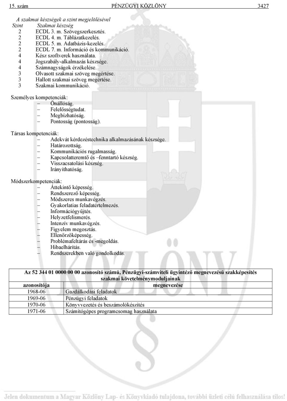 3 Szakmai kommunikáció. Személyes kompetenciák: Önállóság. Felelősségtudat. Megbízhatóság. Pontosság (pontosság). Társas kompetenciák: Adekvát kérdezéstechnika alkalmazásának készsége. Határozottság.