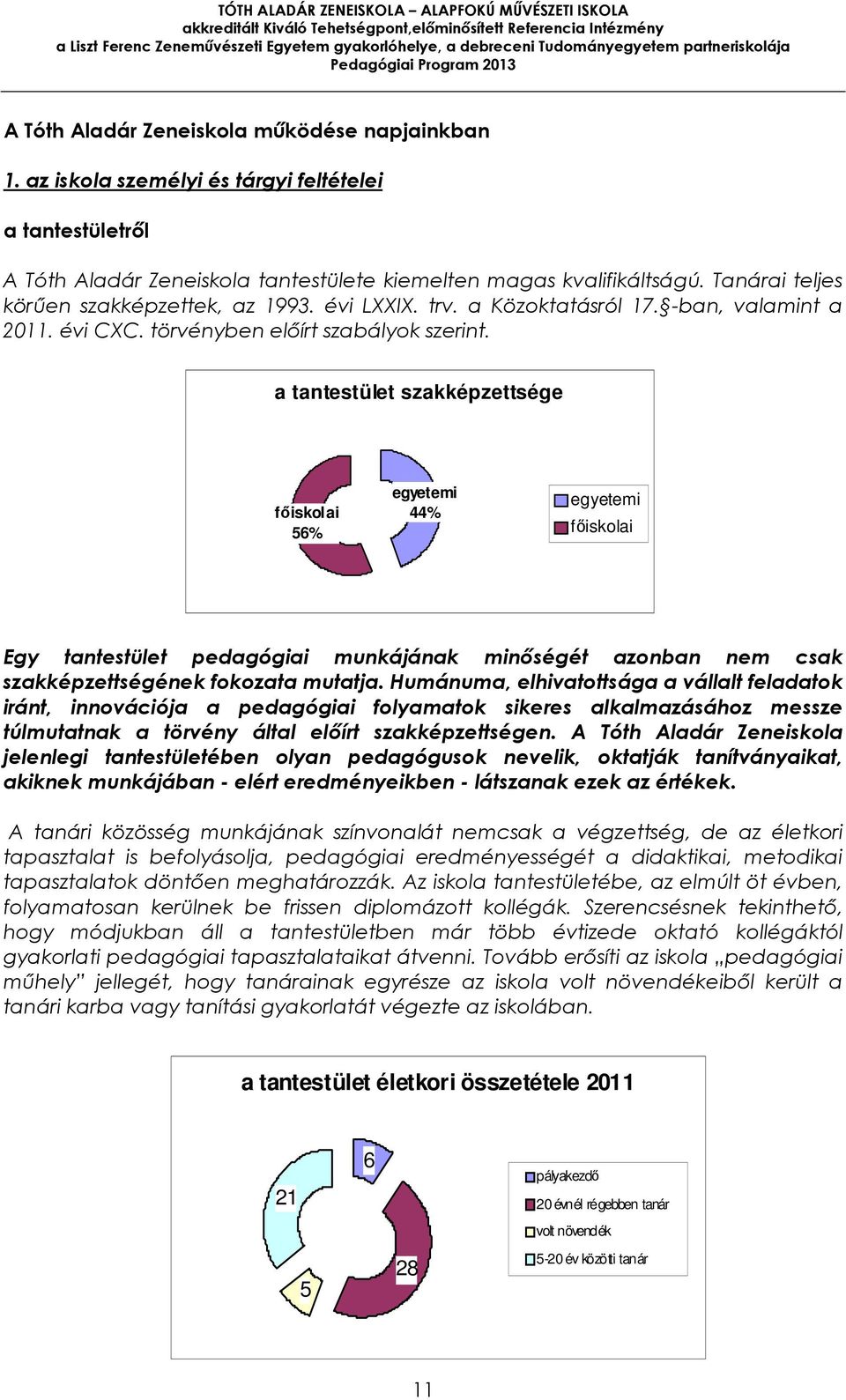 a tantestület szakképzettsége főiskolai 56% egyetemi 44% egyetemi főiskolai Egy tantestület pedagógiai munkájának minőségét azonban nem csak szakképzettségének fokozata mutatja.