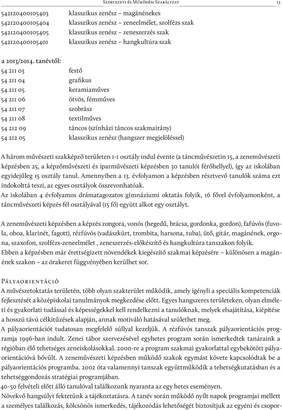 tanévtől: 54 211 03 festő 54 211 04 grafikus 54 211 05 keramiaműves 54 211 06 ötvös, fémműves 54 211 07 szobrász 54 211 08 textilműves 54 212 09 táncos (színházi táncos szakmairány) 54 212 05