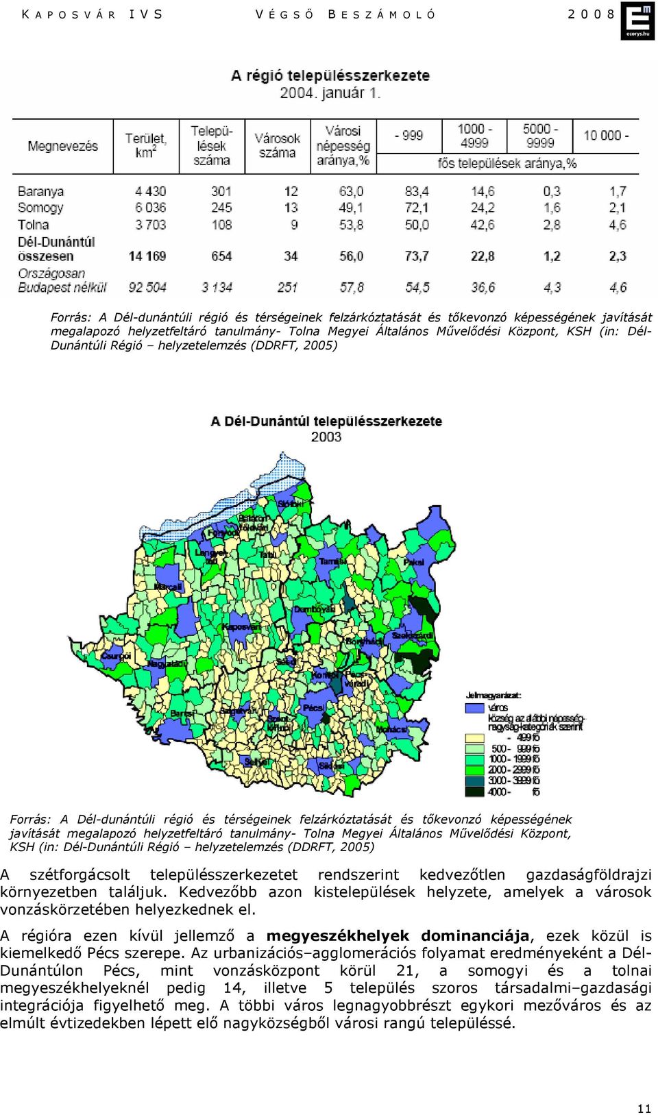 Kedvezőbb azon kistelepülések helyzete, amelyek a városok vonzáskörzetében helyezkednek el. A régióra ezen kívül jellemző a megyeszékhelyek dominanciája, ezek közül is kiemelkedő Pécs szerepe.