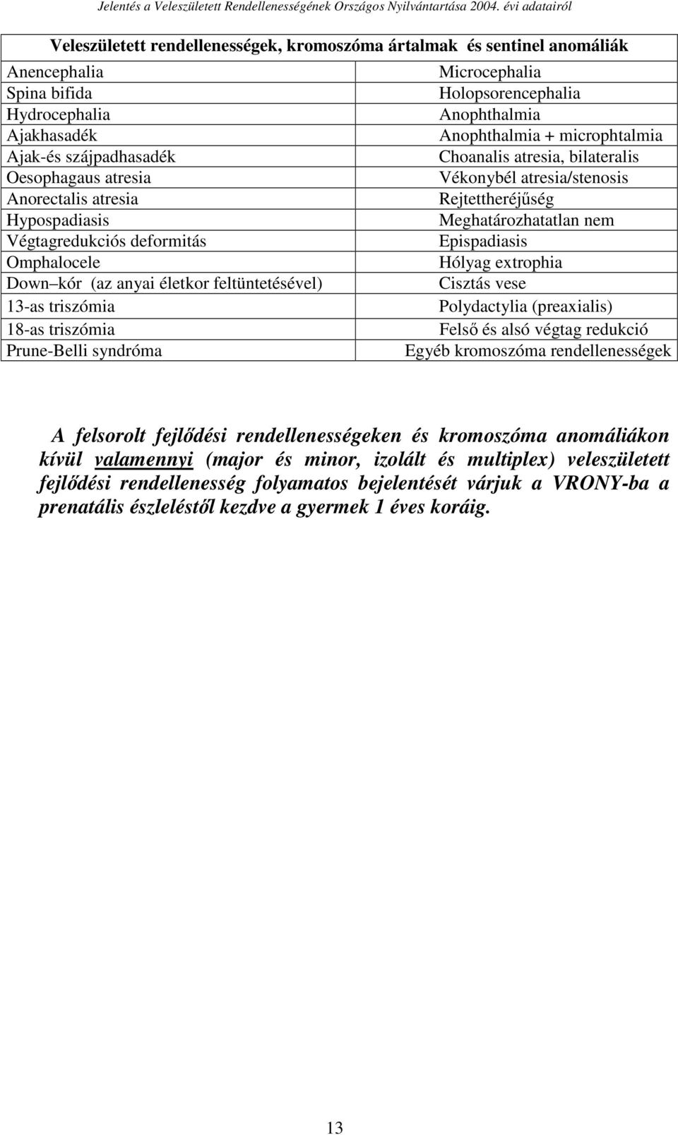 Végtagredukciós deformitás Epispadiasis Omphalocele Hólyag extrophia Down kór (az anyai életkor feltüntetésével) Cisztás vese 13-as triszómia Polydactylia (preaxialis) 18-as triszómia Felsı és alsó