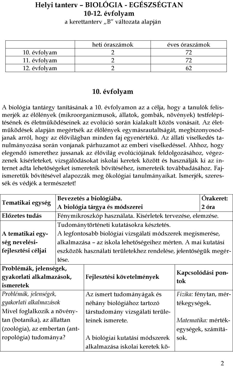 évfolyamon az a célja, hogy a tanulók felismerjék az élőlények (mikroorganizmusok, állatok, gombák, növények) testfelépítésének és életműködéseinek az evolúció során kialakult közös vonásait.