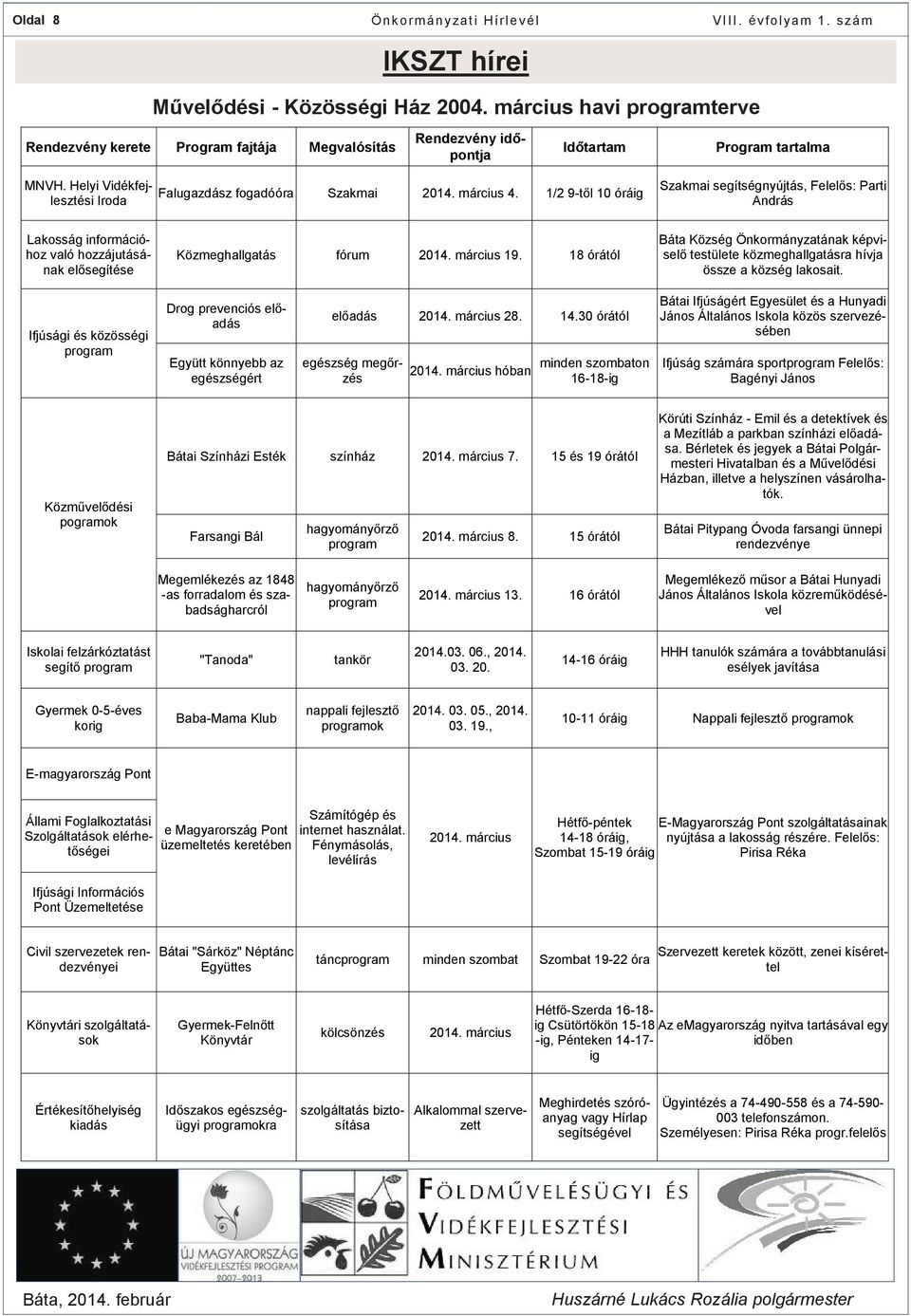 1/2 9-től 10 óráig Szakmai segítségnyújtás, Felelős: Parti András Lakosság információhoz való hozzájutásának elősegítése Közmeghallgatás fórum 2014. március 19.