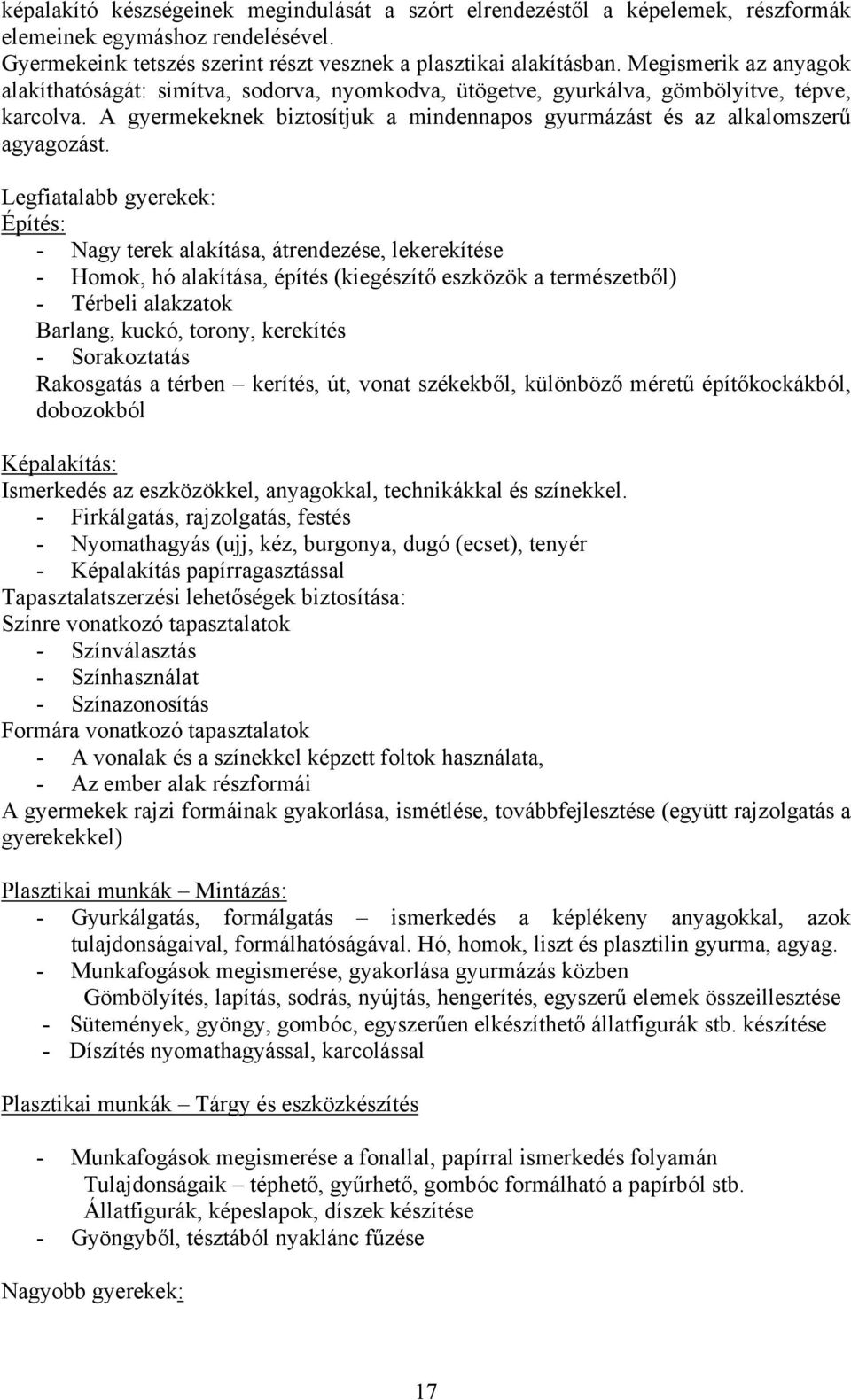 A gyermekeknek biztosítjuk a mindennapos gyurmázást és az alkalomszerű agyagozást.