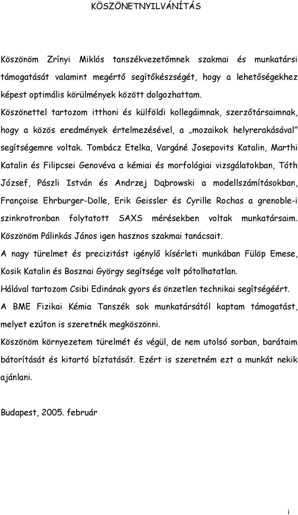 Tombácz Etelka, Vargáné Josepovits Katalin, Marthi Katalin és Filipcsei Genovéva a kémiai és morfológiai vizsgálatokban, Tóth József, Pászli István és Andrzej Dąbrowski a modellszámításokban,