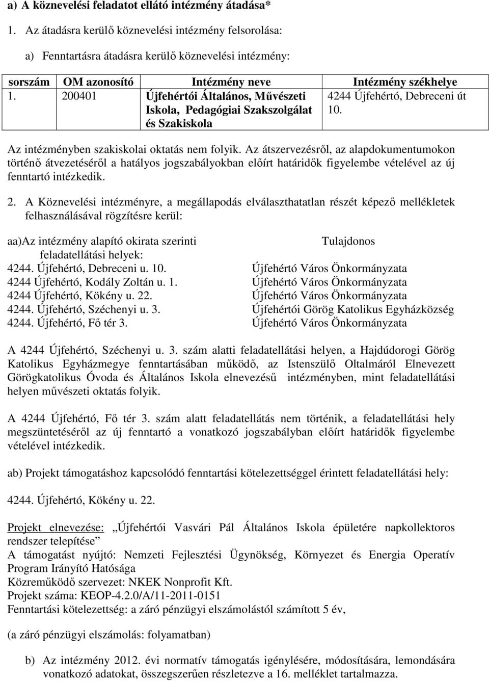 200401 Újfehértói Általános, Művészeti Iskola, Pedagógiai Szakszolgálat és Szakiskola 4244 Újfehértó, Debreceni út 10. Az intézményben szakiskolai oktatás nem folyik.