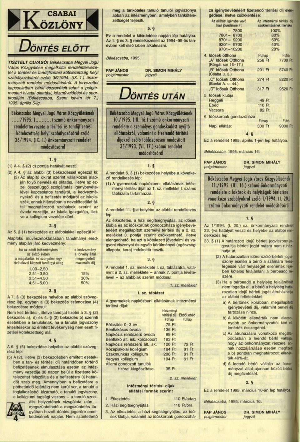 ) 1995. április 5-ig. Békéscsaba Megyei Jogú Város Közgyűlésének /1995. ( ) számú önkormányzati rendelettervezete a térítési és tandíjfizetési kötelezettség helyi szabályozásáról szóló 36/1994. (IX.